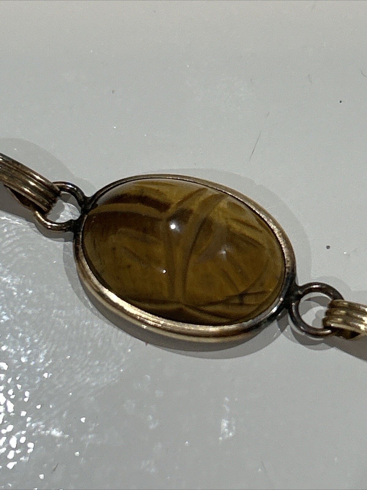 12 K Gold Filled AC Scarab Bracelet Egyptian Revival Carved Stones Needs Repair
