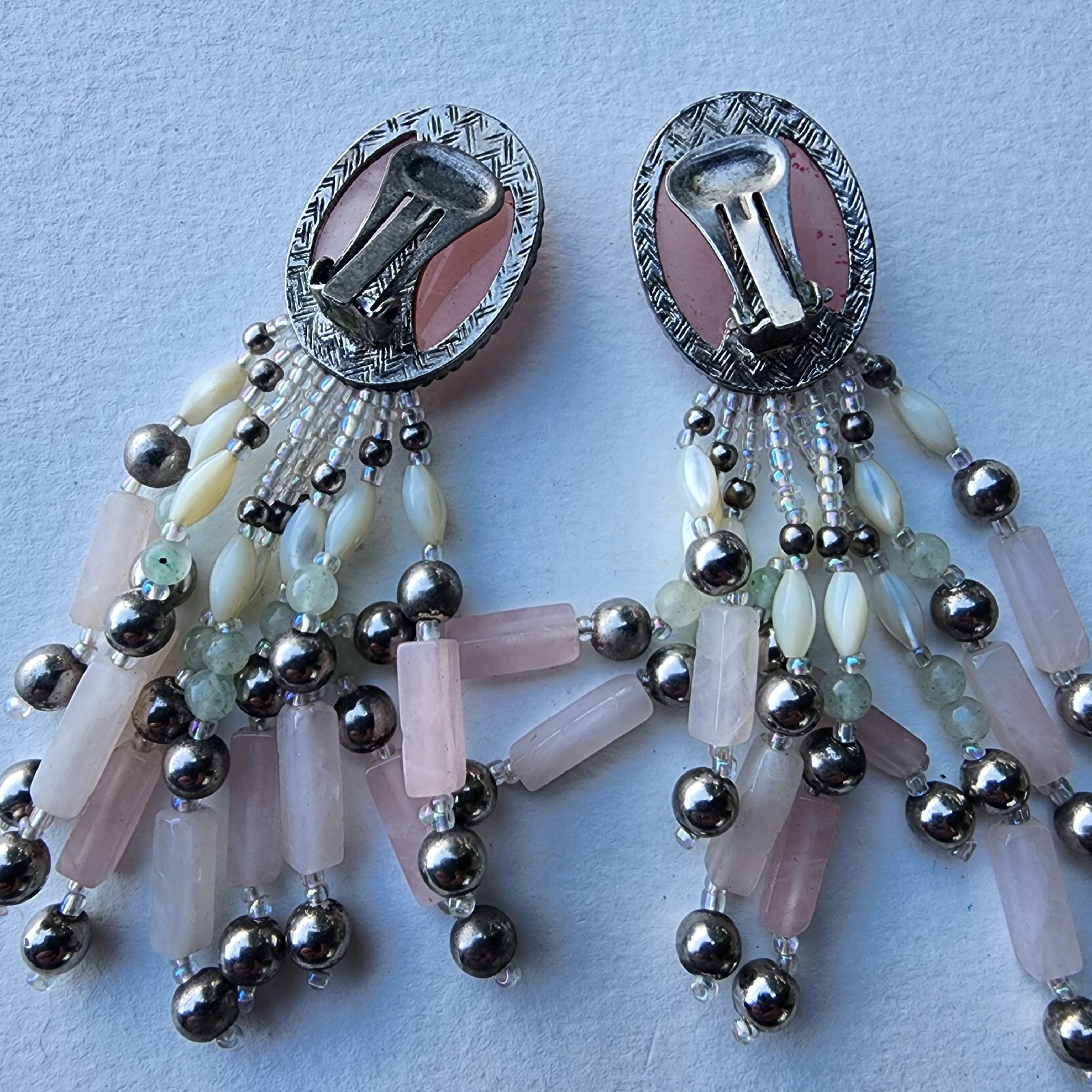 Boho Western Vintage Rose Quartz Cabochon Mother Of Pearl Bead Dangle Clip Gift