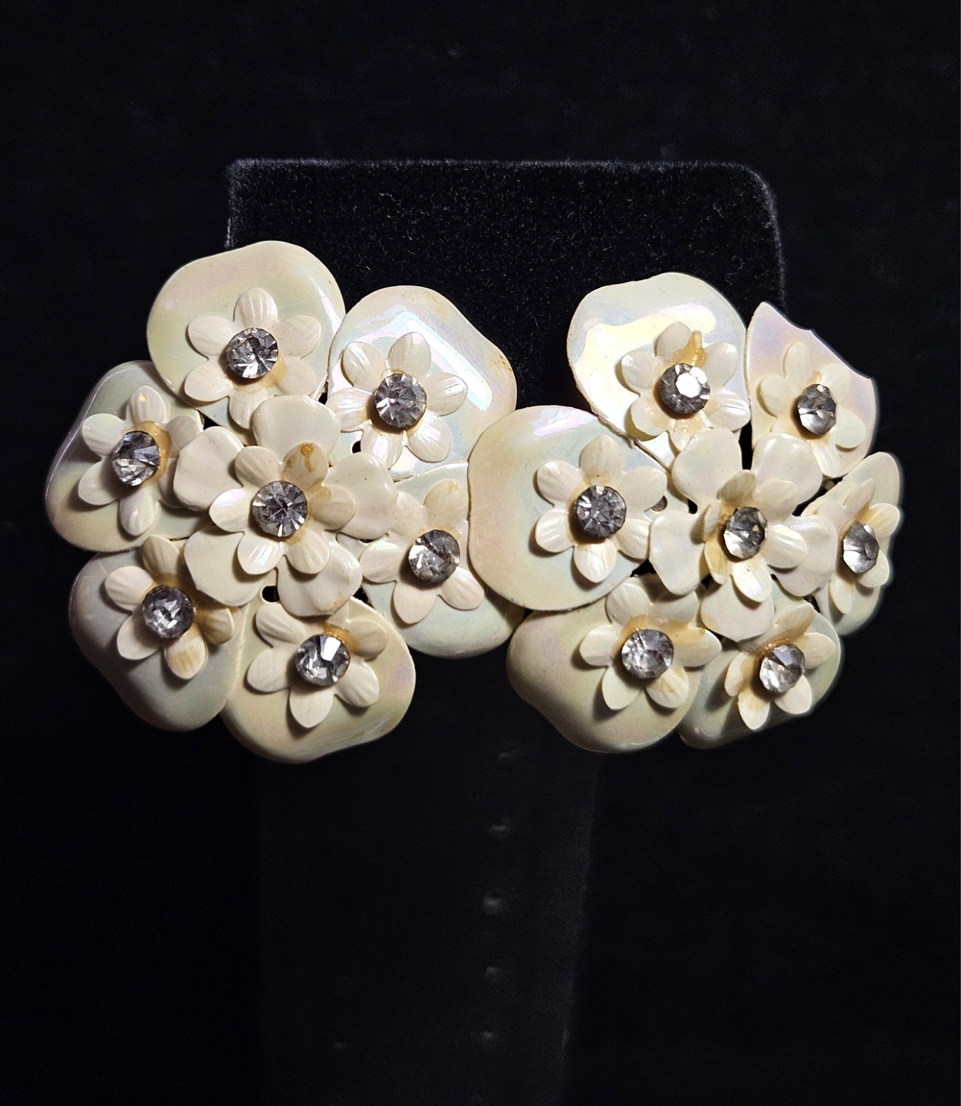 Vintage Floral Cluster Clip On Earrings Iridescent Petal Design with Rhinestone