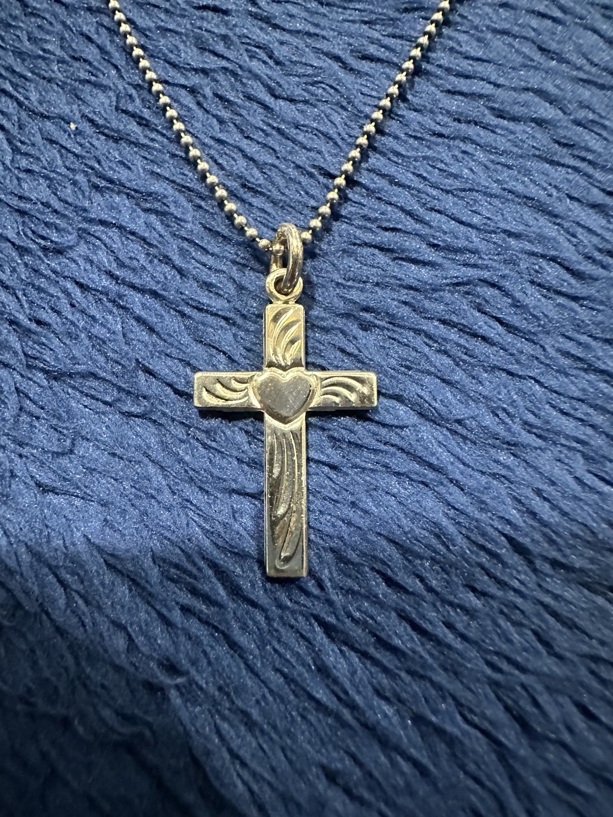 Vtg Sterling Silver 925 Heart Etched Cross Pendant Necklace, 15-17in Long
