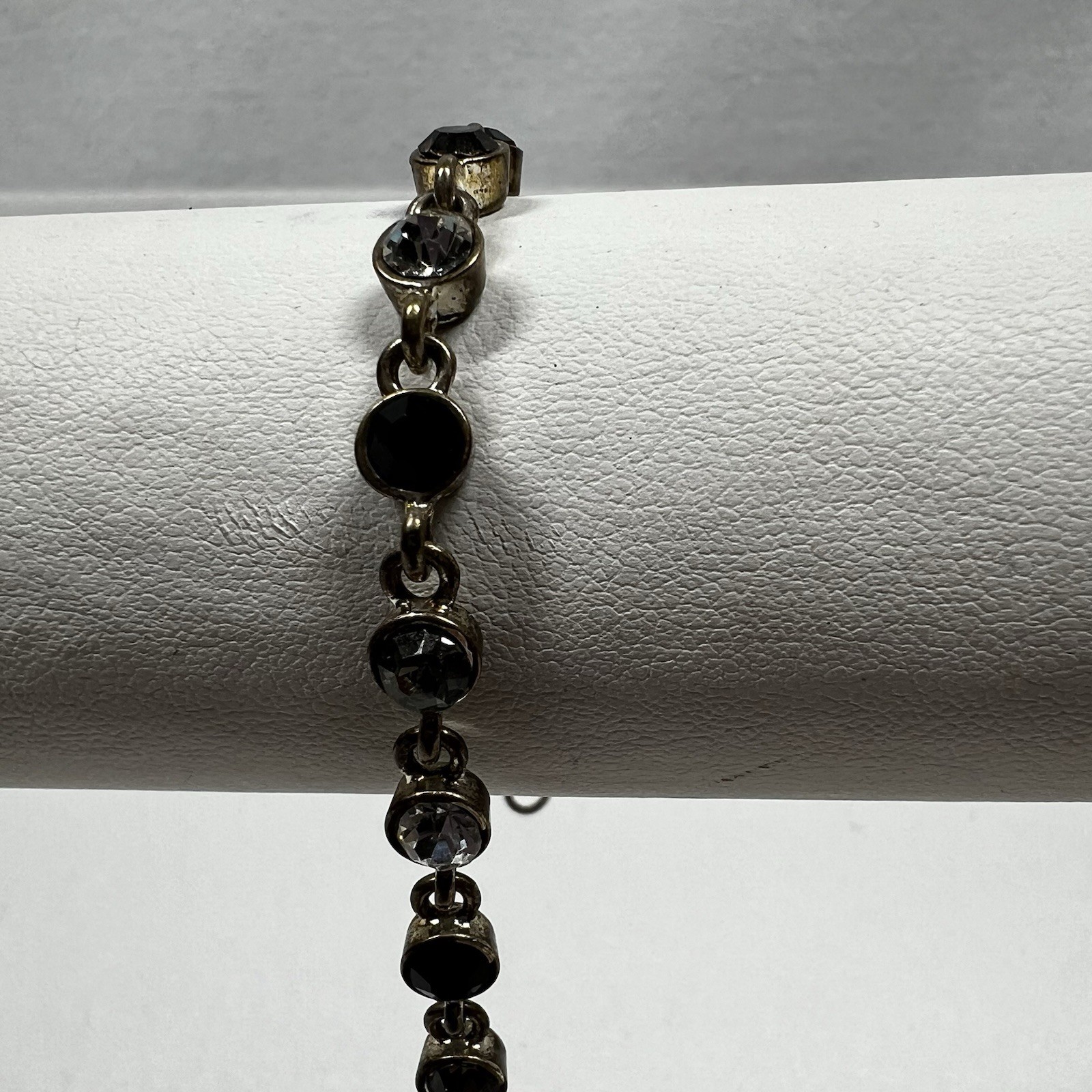 VTG Bracelet 7” Black Clear and Gray Rhinestones Brushed Antiqued Silver SEE