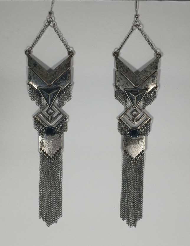 VTG Art Deco Inspired Long Dangle Earrings Pierced Oxidized Silver-Tone