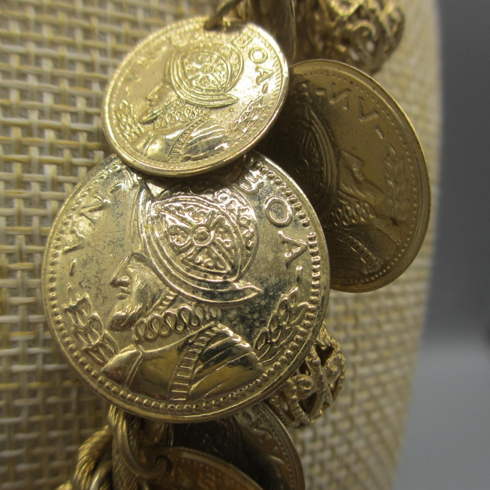 Vintage Faux Coin Necklace Charm Dangle Roman Soldier Gold Tone 18 Inch