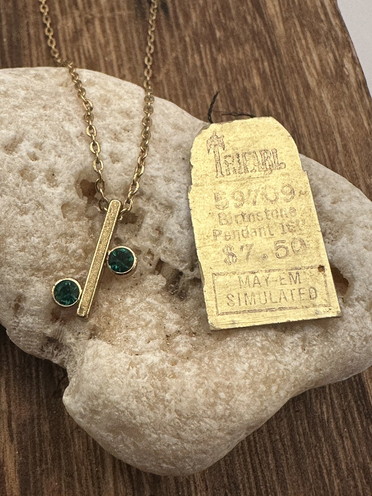Vintage Crown Trifari Jewels Gold Birthstone Necklace MAY EMERALD Minimalist 70s