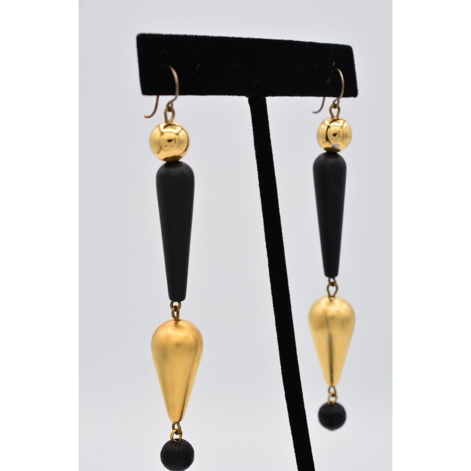 Vintage Dangle Earrings Black Beaded Brushed Gold Matte Drop Chunky 1990s BinAV