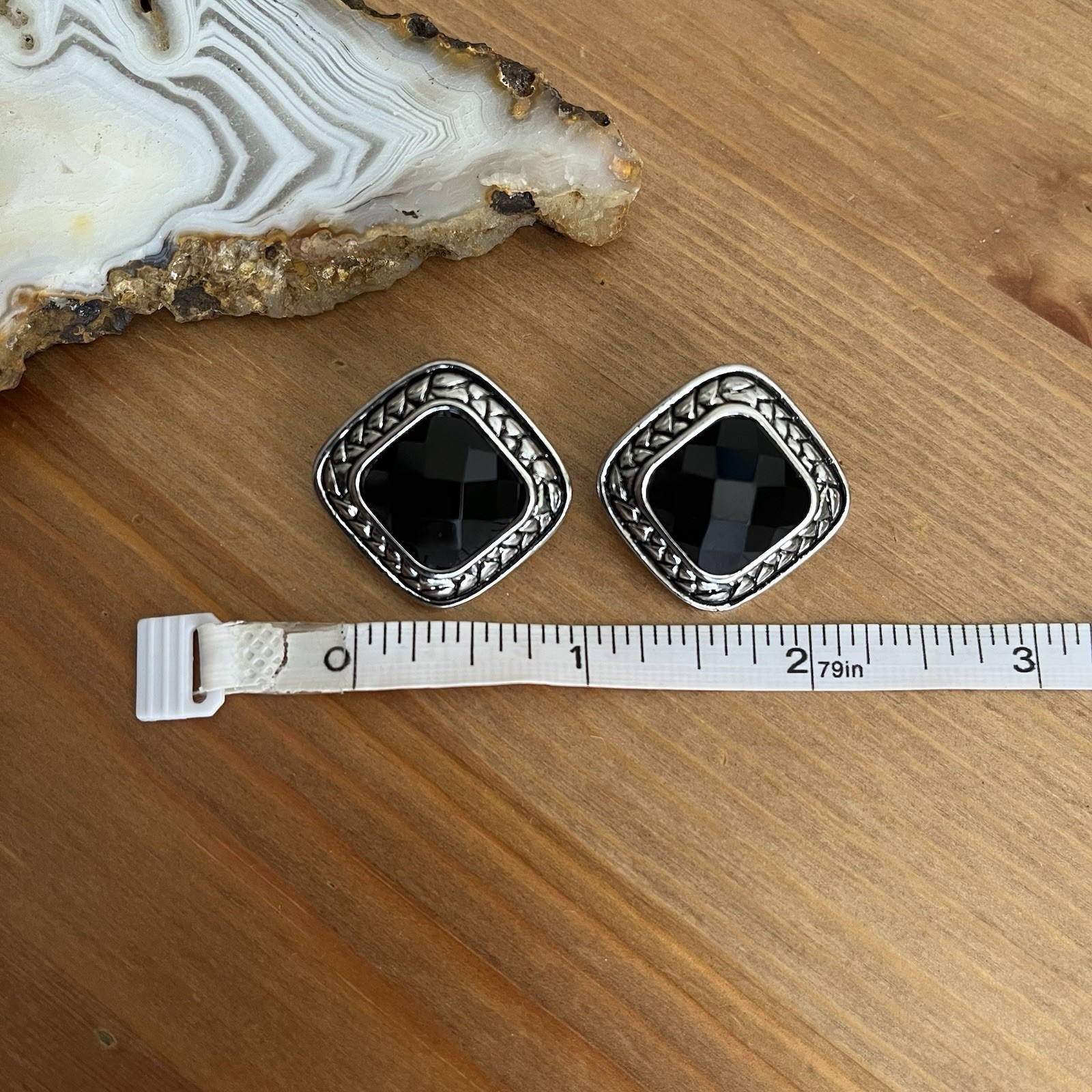 Vintage Style Black Faceted Square Earrings with Silver-Tone Frame Clip-ons
