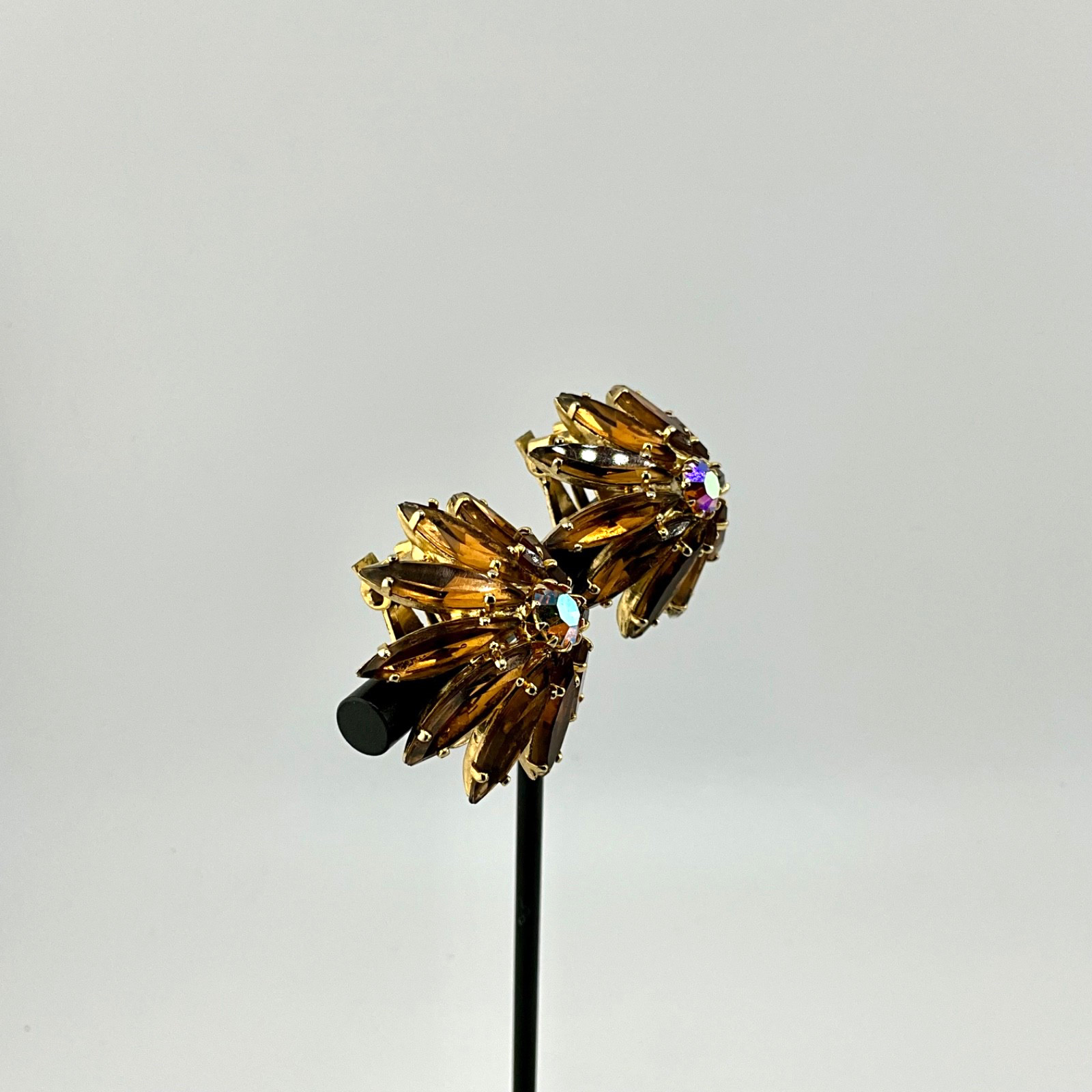 Vintage Mid Century Juliana Clip-On Earrings Navette Domed Amber AB Crystal