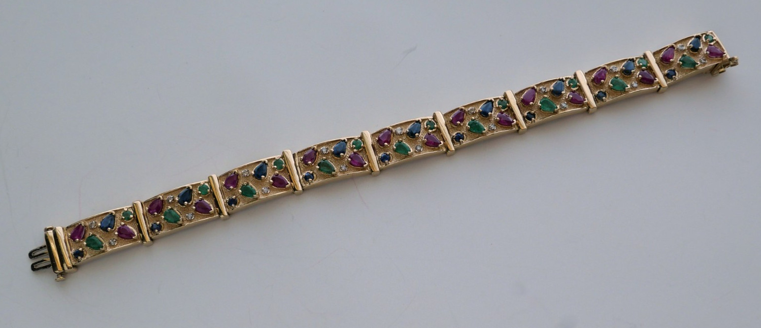 Vintage 14K Yellow Gold Ruby Emerald Sapphire Diamond Link Bracelet 7.25”