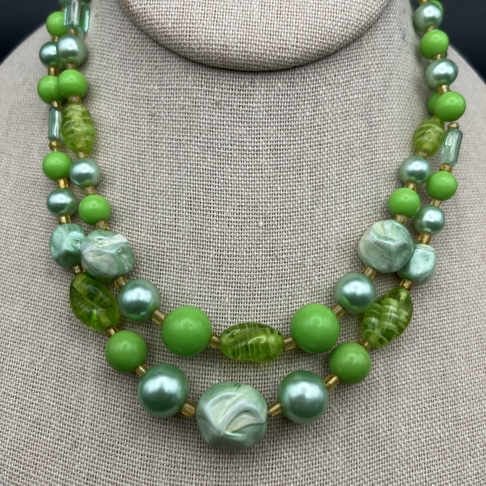 Vintage Green Multi Strand Collar Necklace Faux Pearl Art Glass Japan Layered