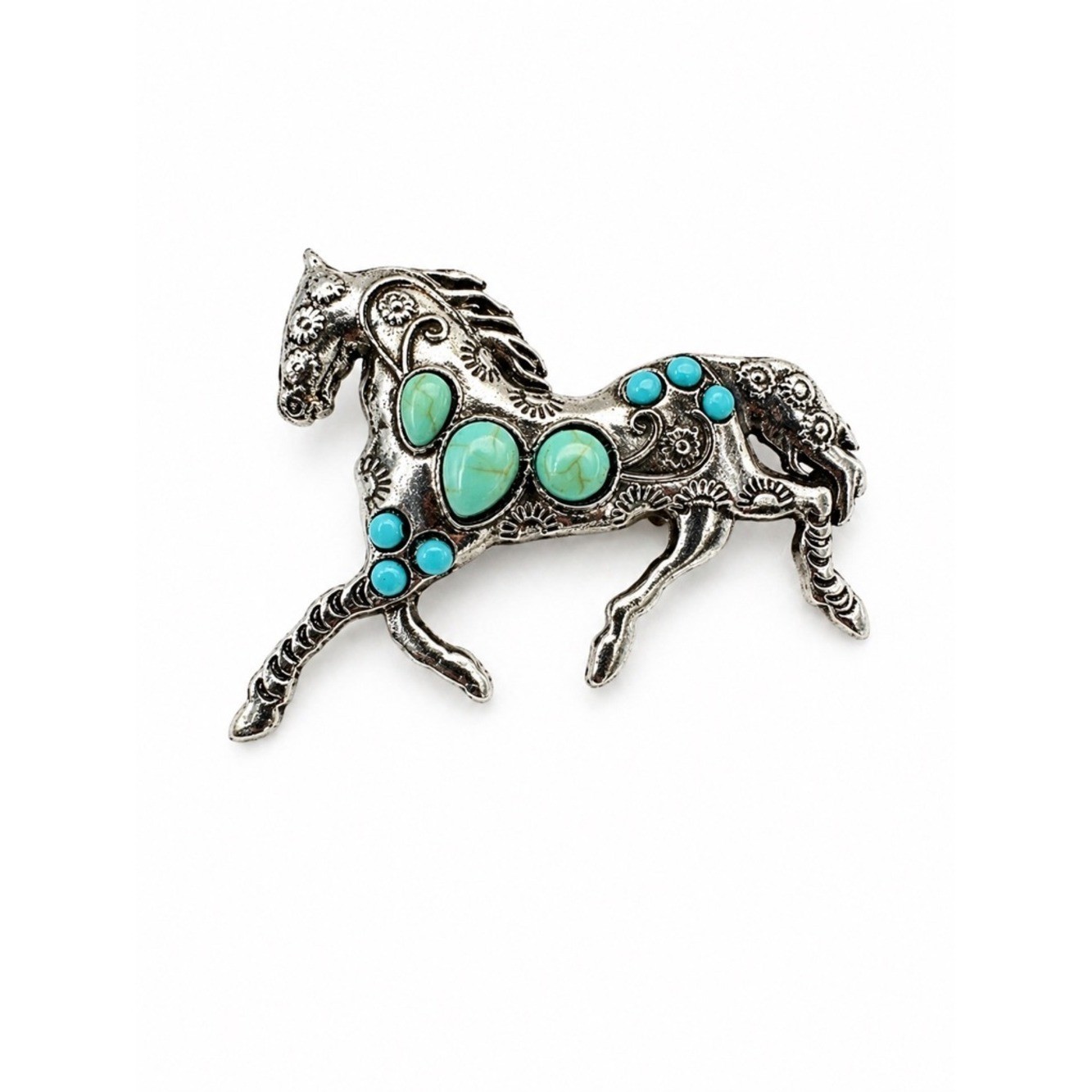 Vintage Style Silver Tone Horse Brooch Turquoise Cabochon Western Equestrian Pin