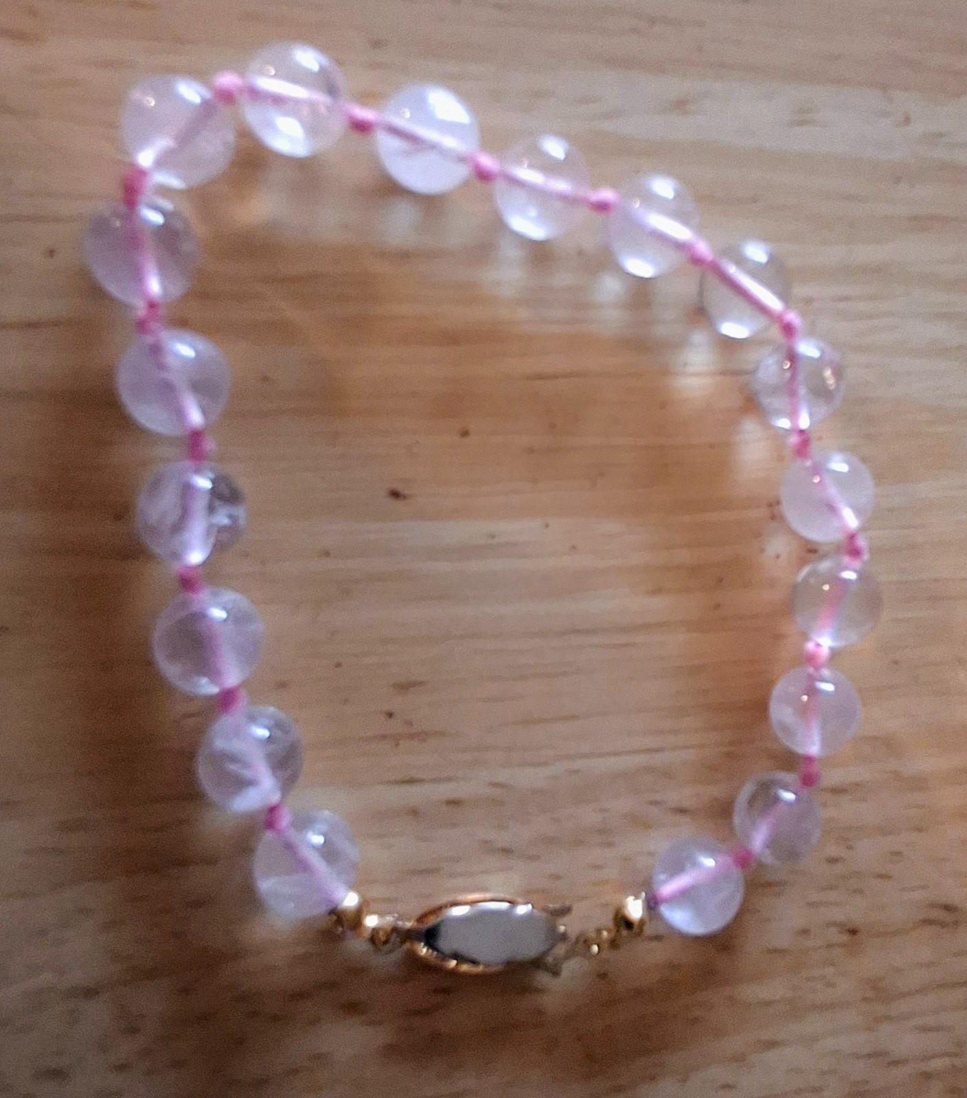 Vintage Jewelry Hand Knotted Rose Quartz Round Beads Bracelet Fishhook Clasp