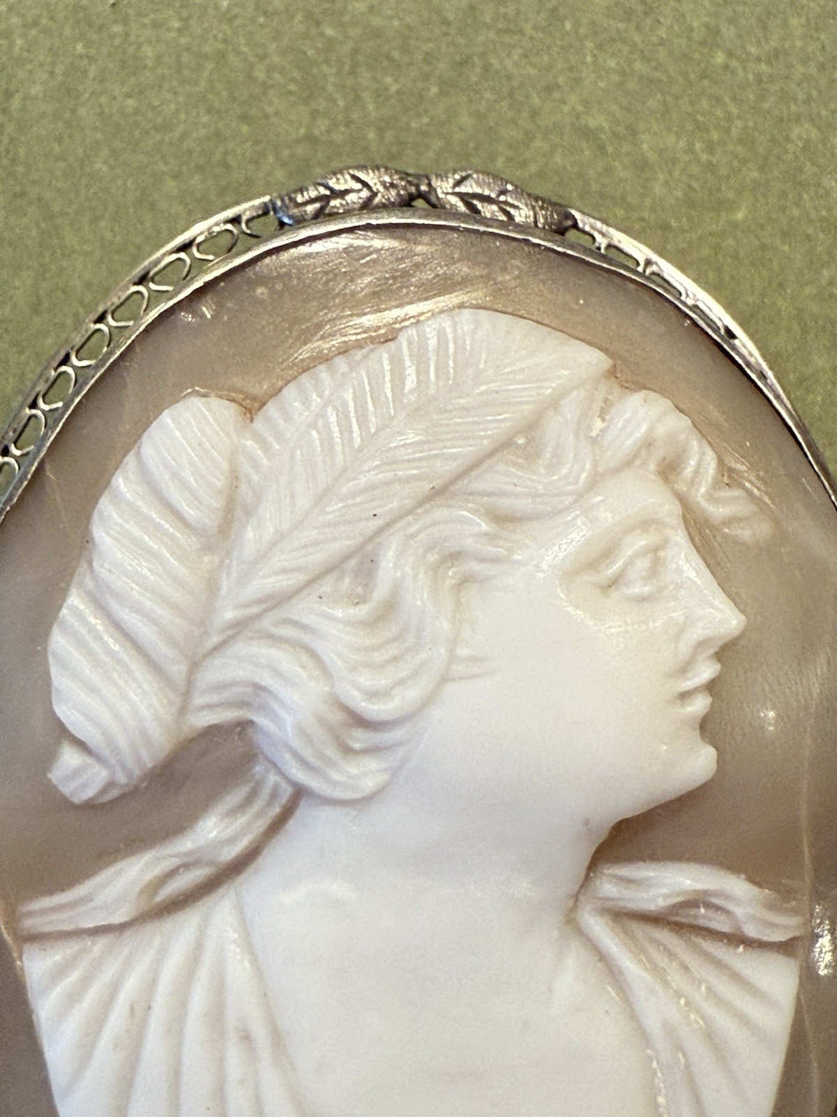 Vintage Ornate Sterling Silver Angel Skin Coral Cameo / 2″ x 1.5″ / BEAUTIFUL
