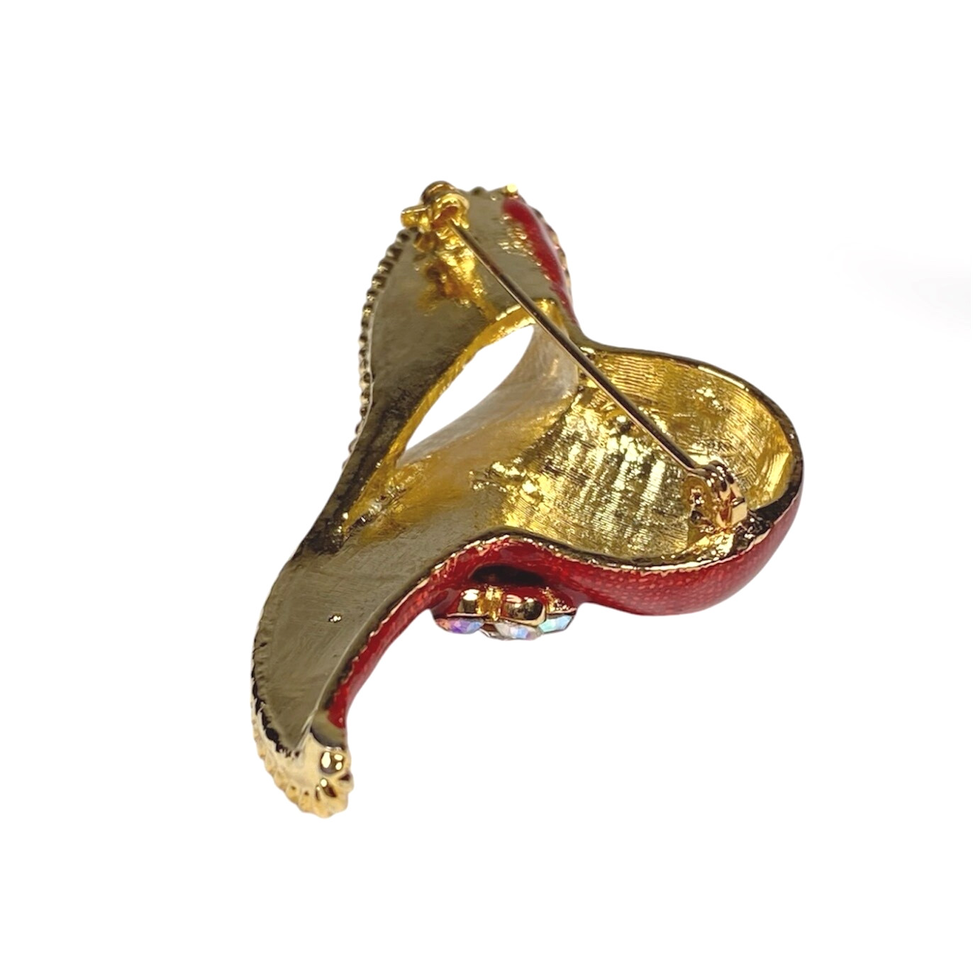 Vintage Red Hat Brooch Aurora Borealis Gold Tone Rhinestone Flower Enameled Pin