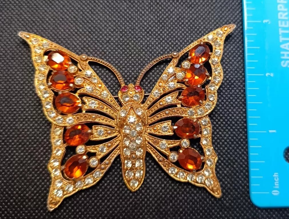 Vintage Large Butterfly Brooch 3″ Gold Tone& Crystal Unsigned