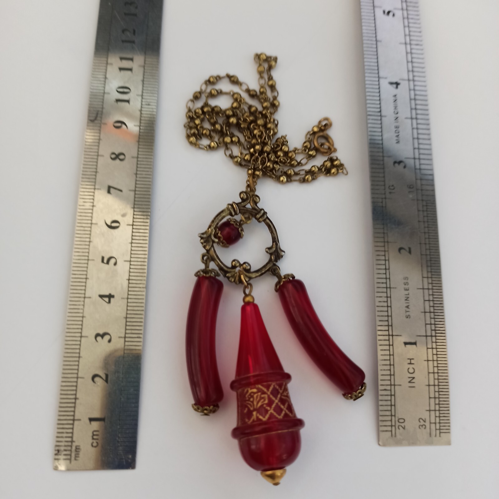 Vintage Red Necklace Rosary Beaded Tassel Long Lucite Art Deco Revival 23″ Boho