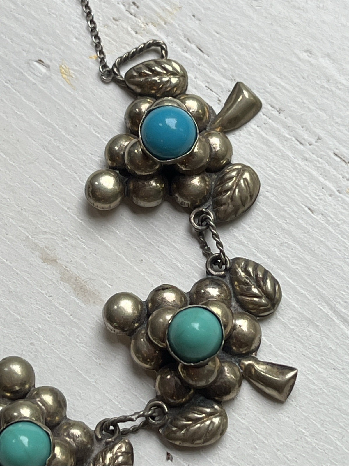 Vintage Mexico Sterling? Turquoise Blue Cabochon 5 Grape Clusters Bracelet 7 “