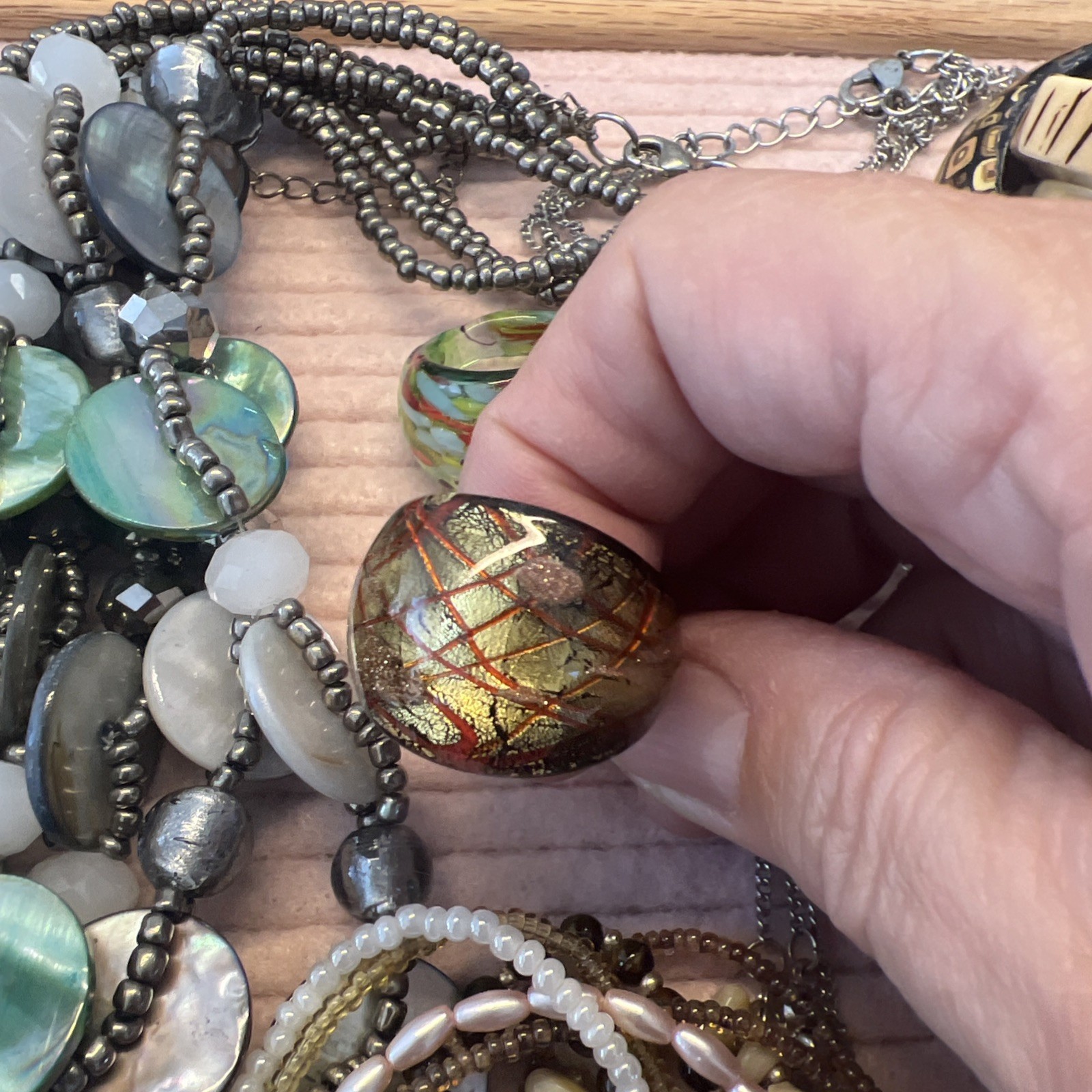 BOHO Vintage Jewelry Lot. Real Shell, Bone And Wood Bracelets, Glass Rings #V37