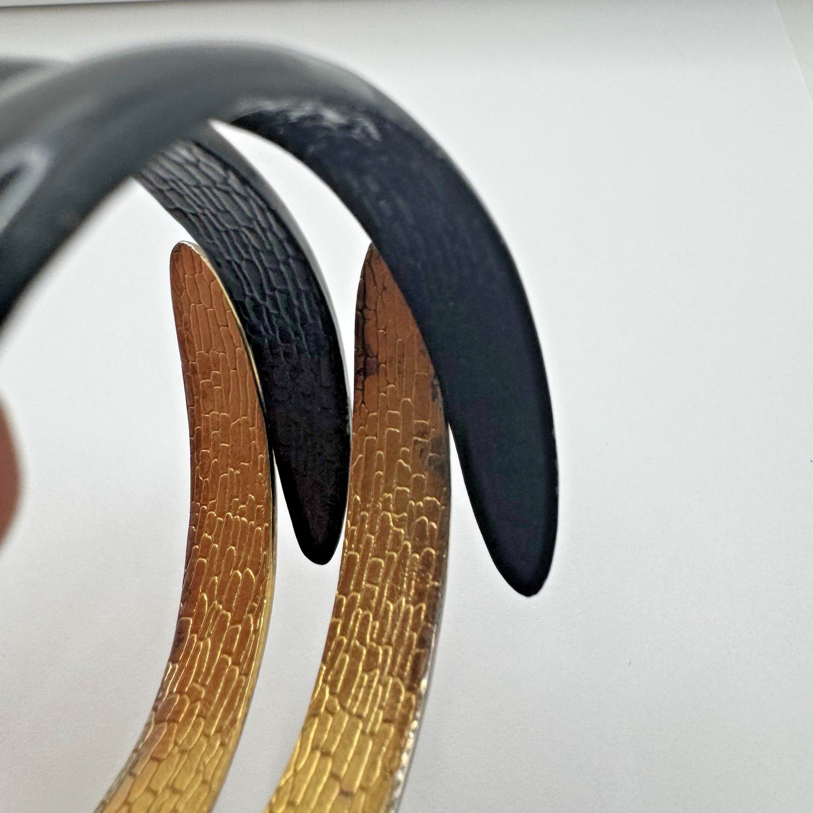 Metal Clamper Claw Vintage Black and Gold Tone Bangle Bracelet fits 6-8” Bold