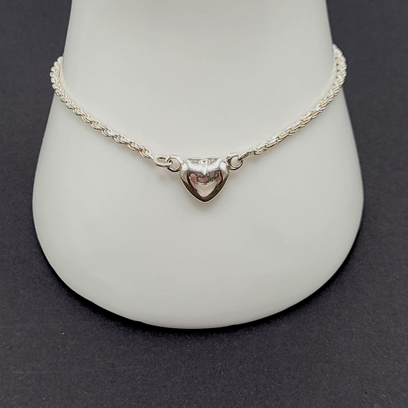 Minimalist Dainty Puffed Heart Station 925 Sterling Rope Chain Bracelet 7.25 in