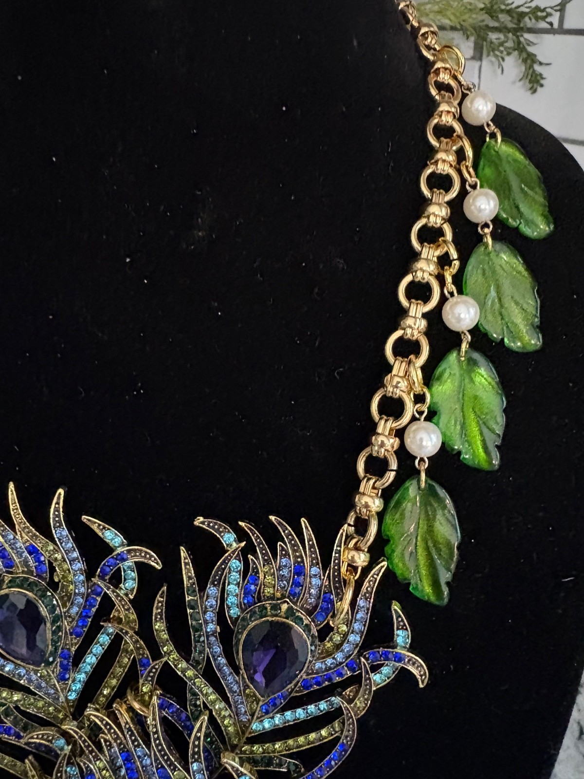 Triple Rhinestone Peacock Feather Statement Necklace-Repurposed & 1 of a Kind!