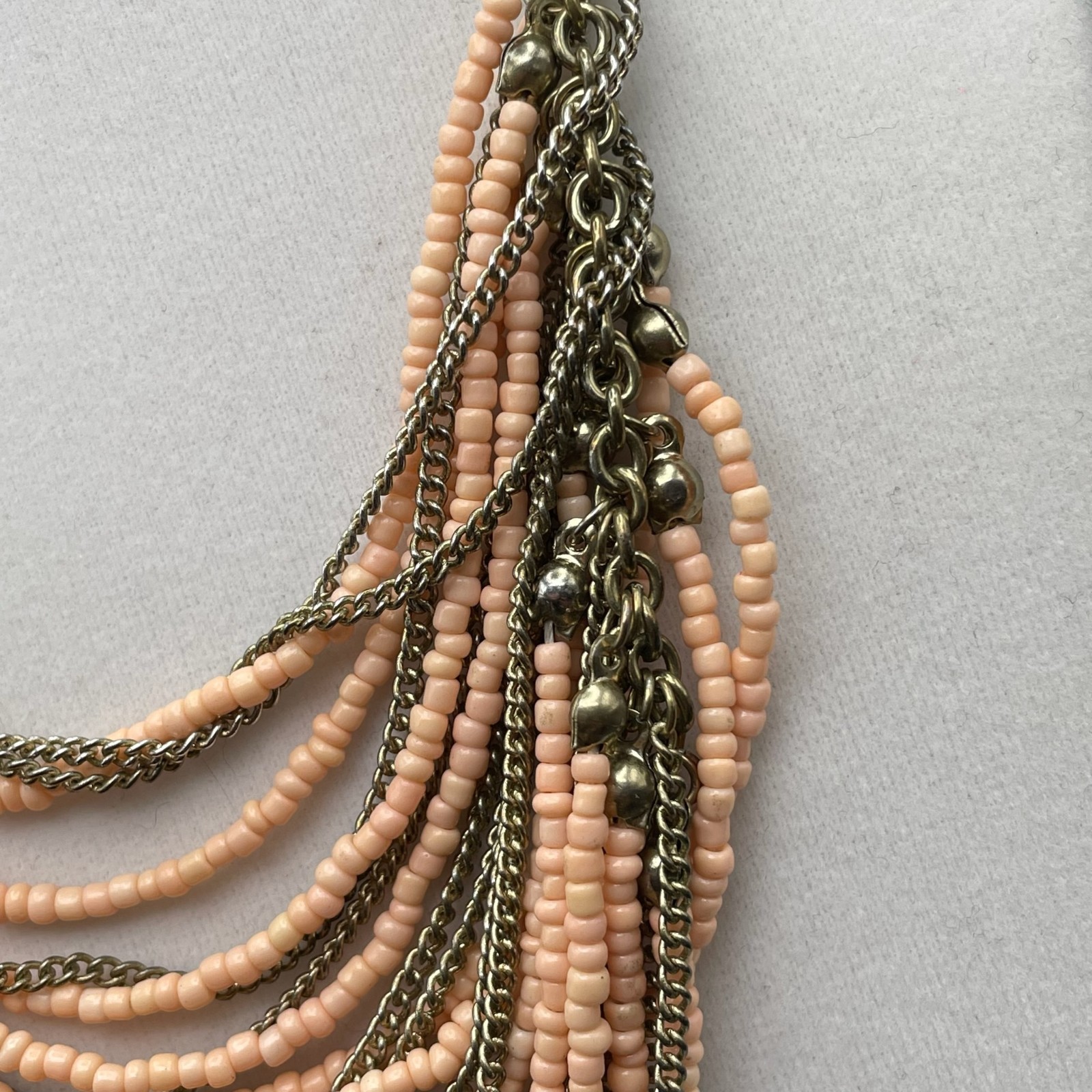 Vintage VTG Multistrand Collar Necklace Peach Seed Beads Brass Chain Aluminum