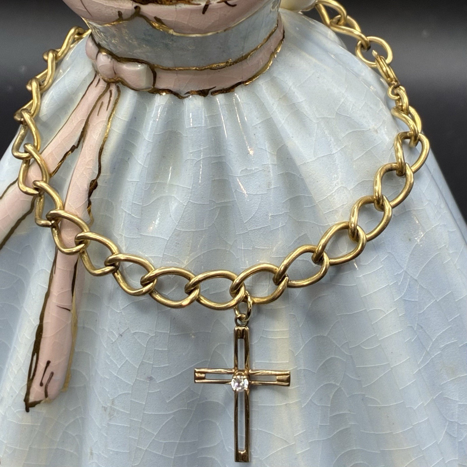 Vintage Estate 12k Gold Filled Starter Charm Bracelet + GF Cross Charm, 8” long