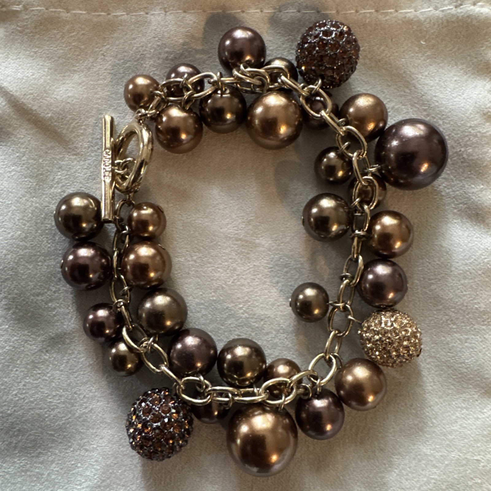 Vintage Carolee Toggle Bracelet With Brown Crystals And Faux Pearl Bauble Balls