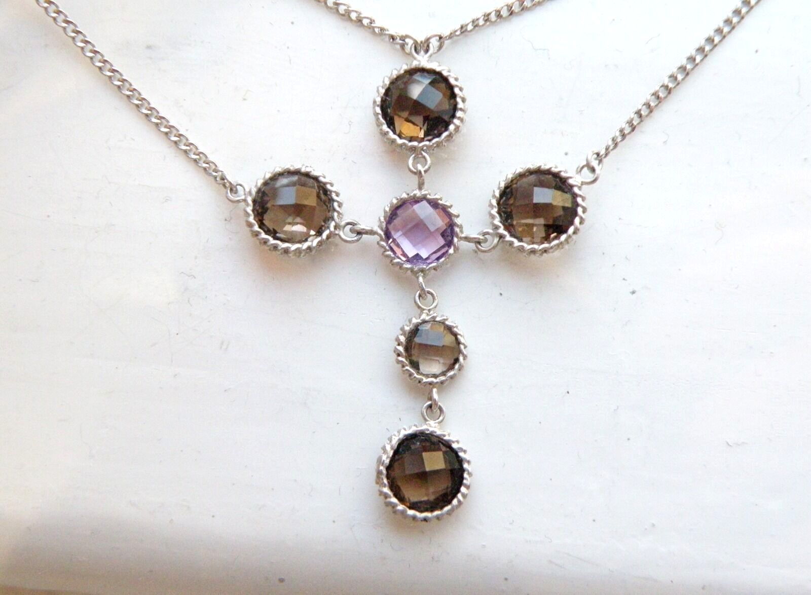Vintage Sterling Silver 925 Natural Amethyst Lavalier Choker Necklace 16″