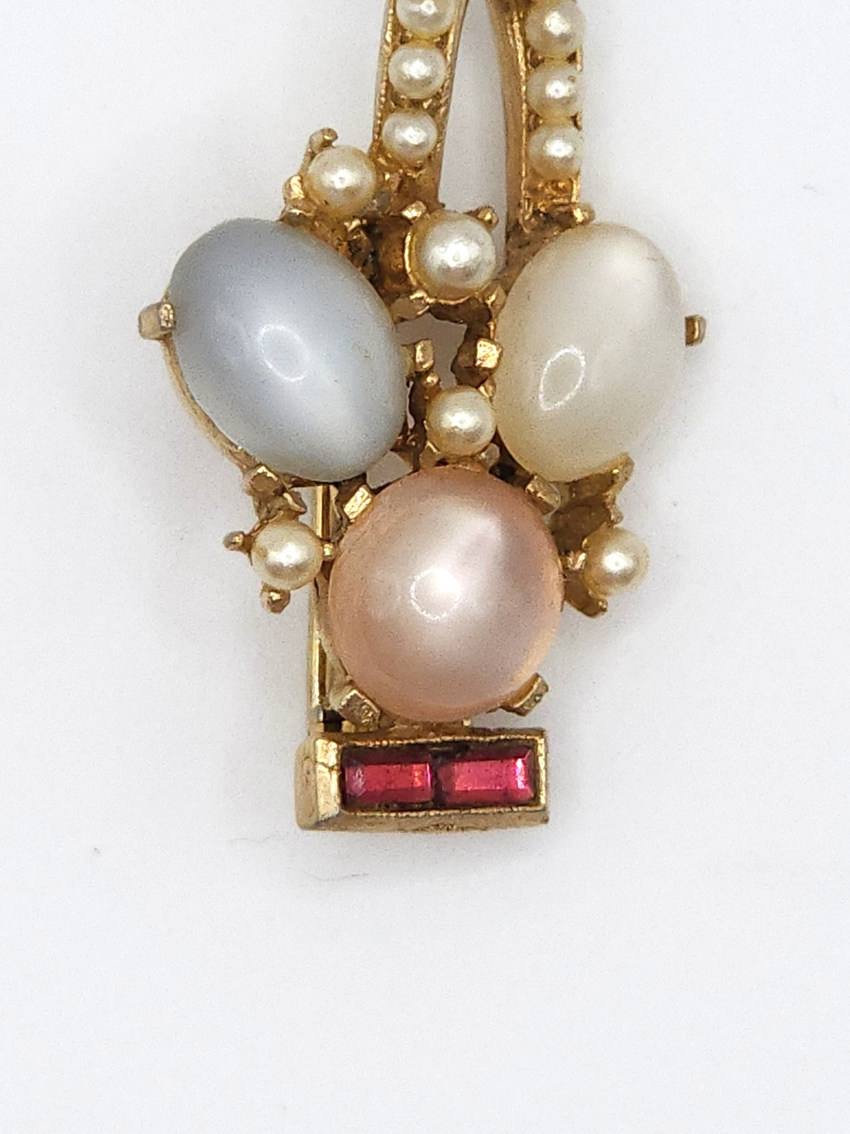VintageGold Tone Brooch/Pin Moonstone Cabochon Faux Seed Pearls Pink Rhinestone
