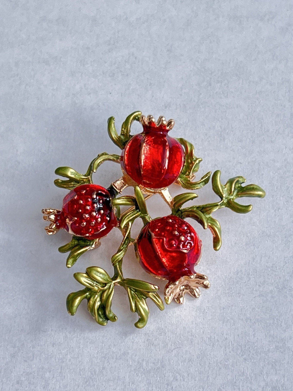 Pomegranate Branch Brooch Pin Red Enamel Fruit & Green Leaf Gold Tone