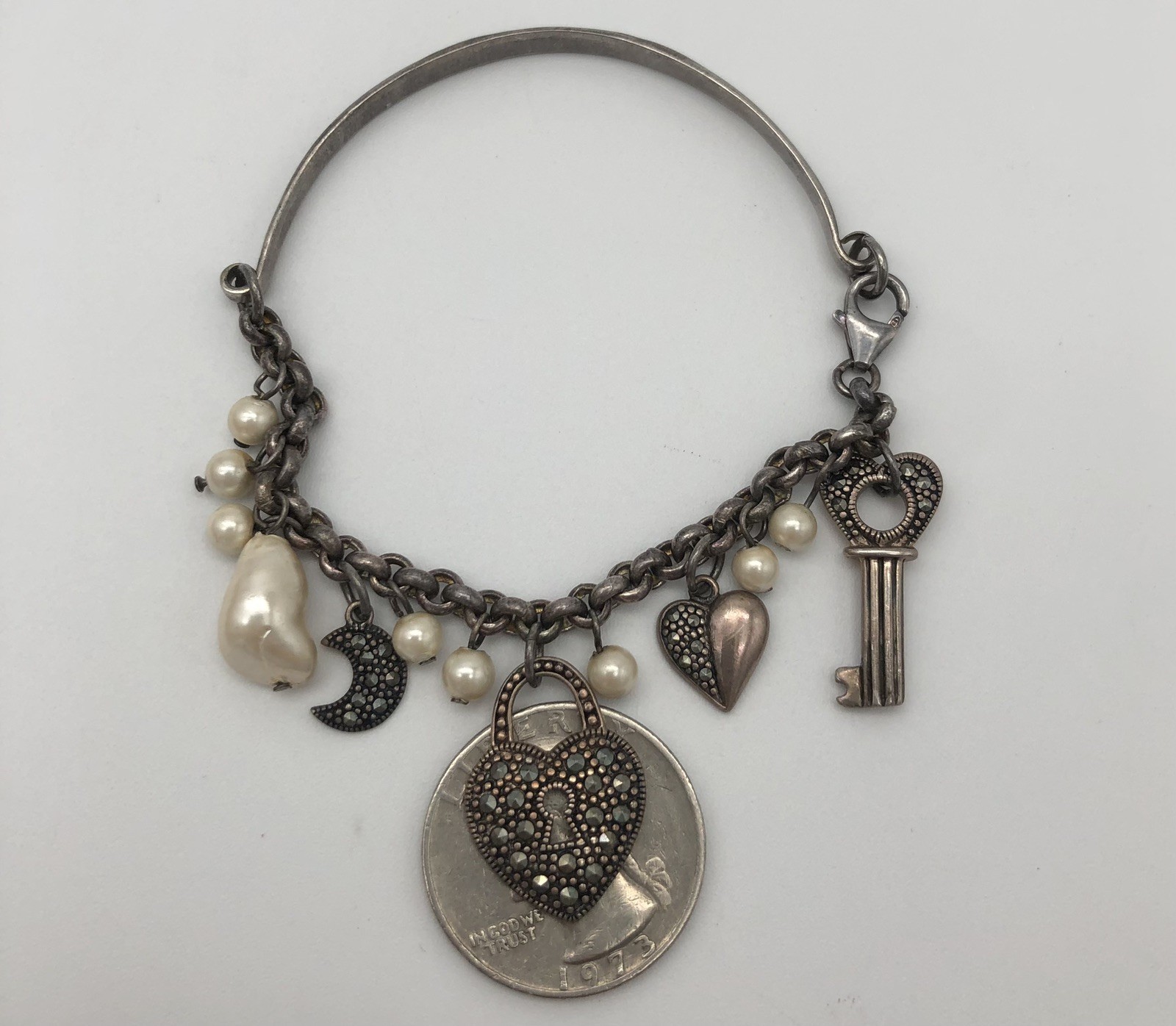 Vintage Sterling Silver Heart And Key Charm Bracelet Marcasite Stones Faux Pearl