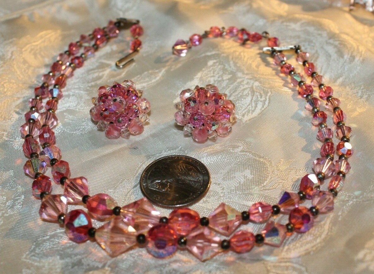 VINTAGE AB PINK 2 STRAND FACTED GLASS BEAD NECKLACE+CLUSTER CLIPS GORGEOUS!
