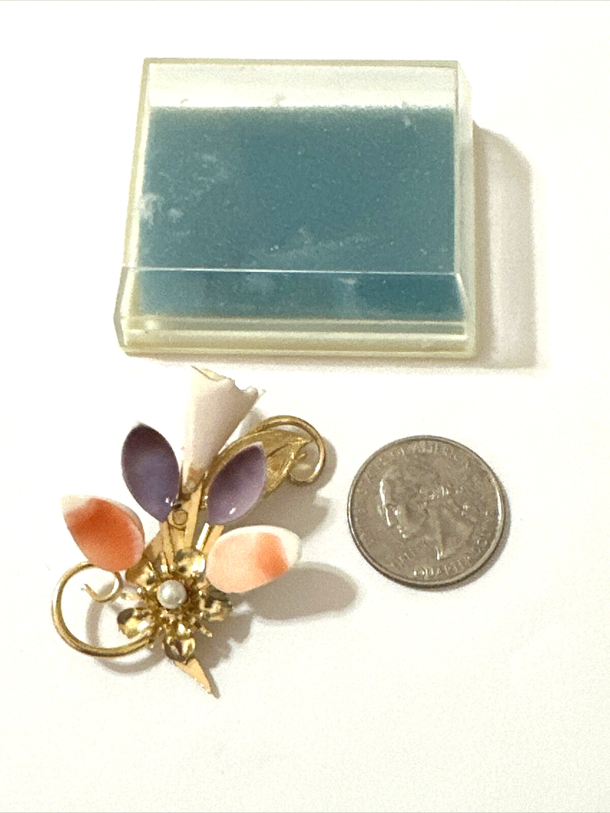 Vintage FLORAL Brooch Pink White Purple Shell Petals Gold Tone w/ Box 2″