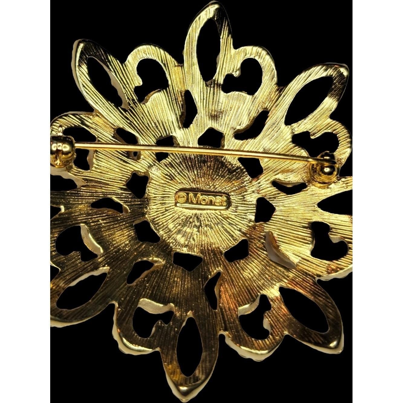 Vintage Monet Gold Tone Faux Pearl Black Cabochon Brooch Ornate Filigree