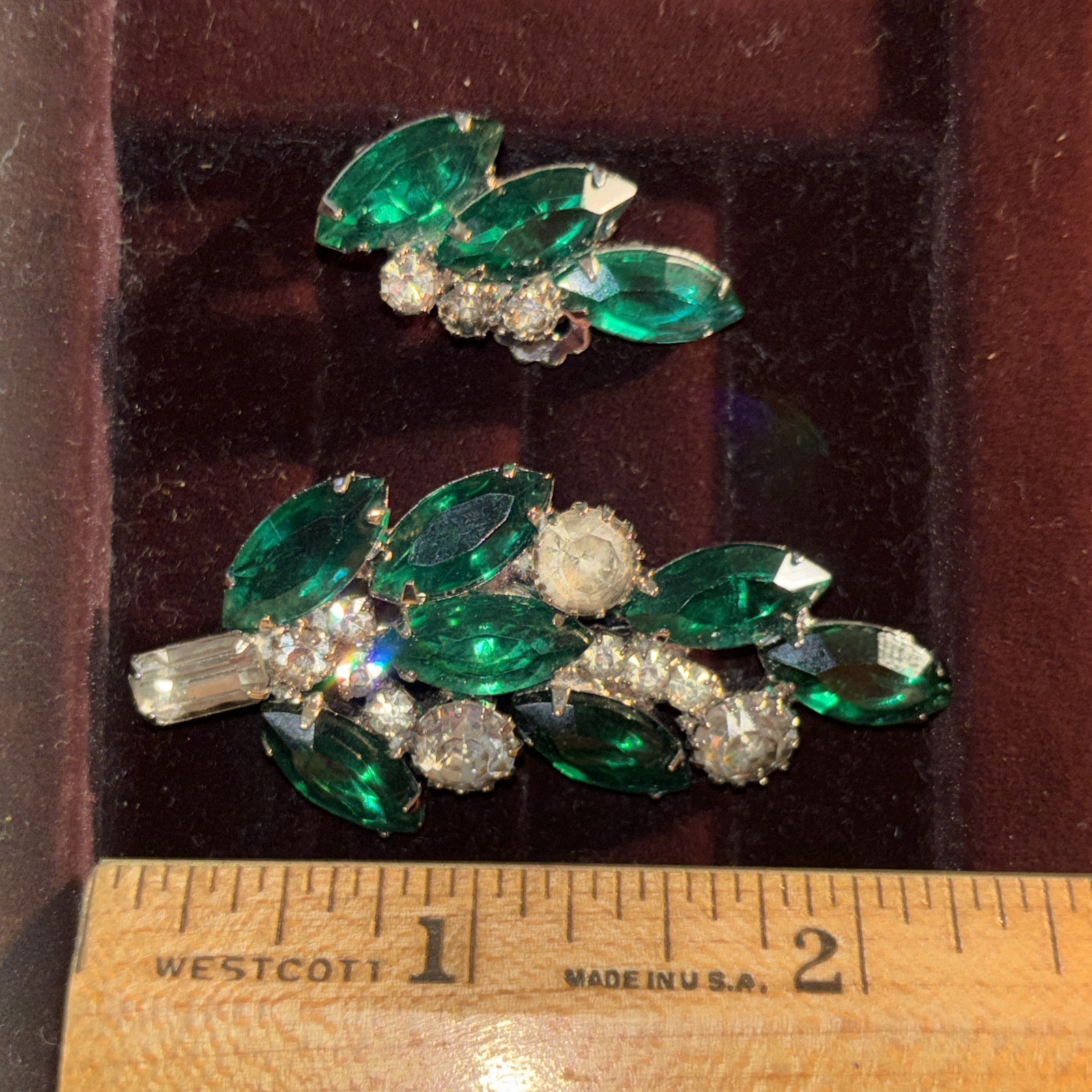 Vintage 1960’s Emerald & Crystal Silver Leaf Shape Clip On Earring & Brooch Set