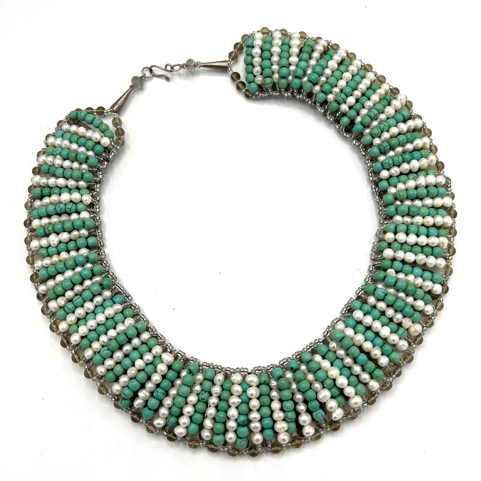 Vintage Turquoise & Freshwater Pearl Collar Necklace Sterling Silver 925 Clasp