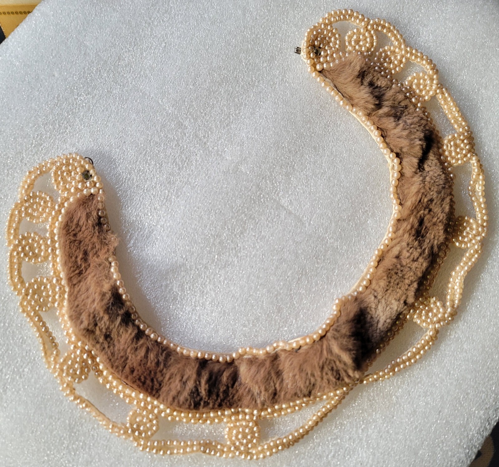Vintage Seed Faux Pearl Brown Fur Hand Sewn Crafted Decorative Collar Necklace