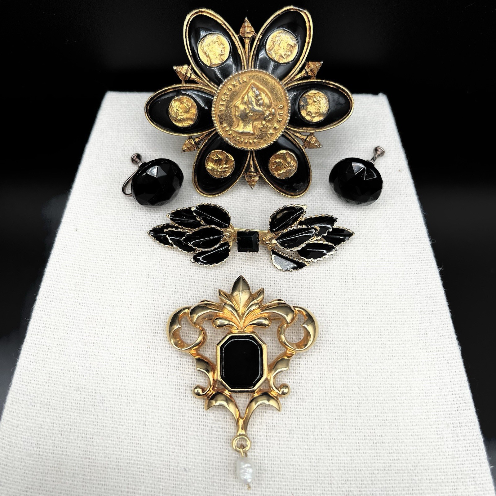 Vintage Brooch Lot Coro Coin Avon Filigree Sterling Enamel Earrings Black Gold