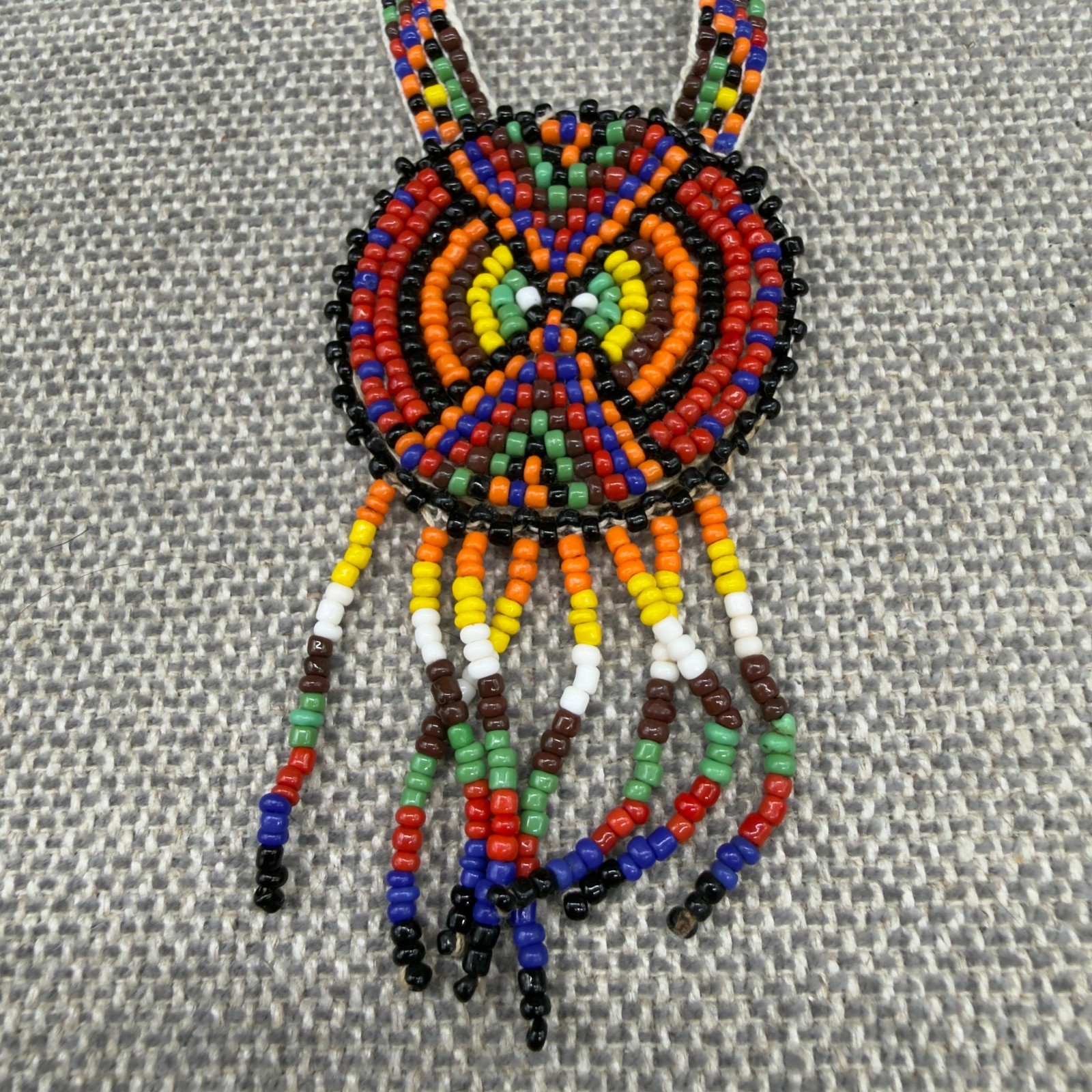 Vintage Necklace Colorful Seed Beads Leather Backed Pendant 22 Inches Southwest