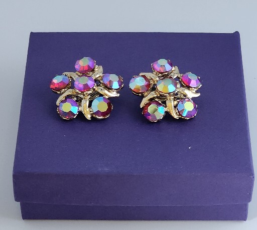 AURORA BOREALIS PURPLE BLUE PINK HUES FLOWER CLIP-ON EARRINGS-1.25″ DIAMETER