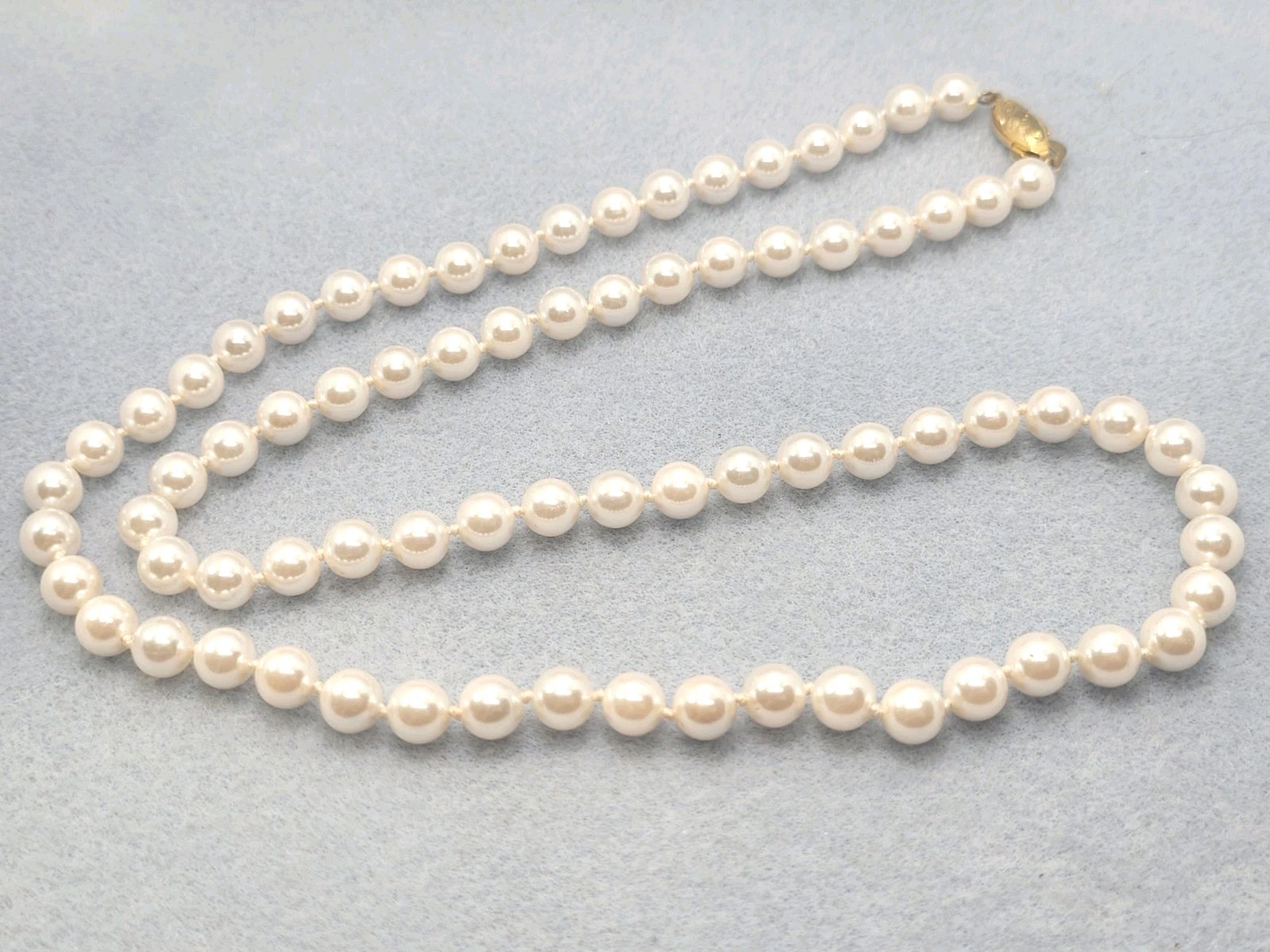 Vintage Pearl Imitation Necklace Silver Clasps, 24in.