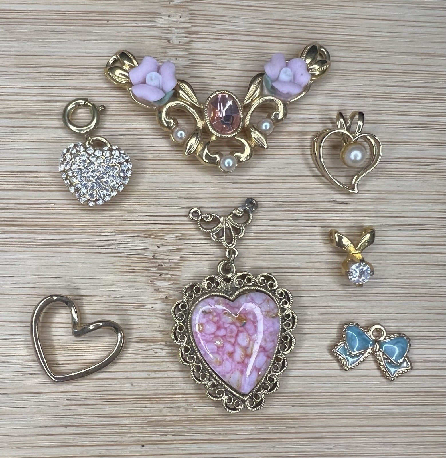 7 Pc Gold Tone Pendant Charm Lot Pink Hearts & Flowers Clear Rhinestones Dainty