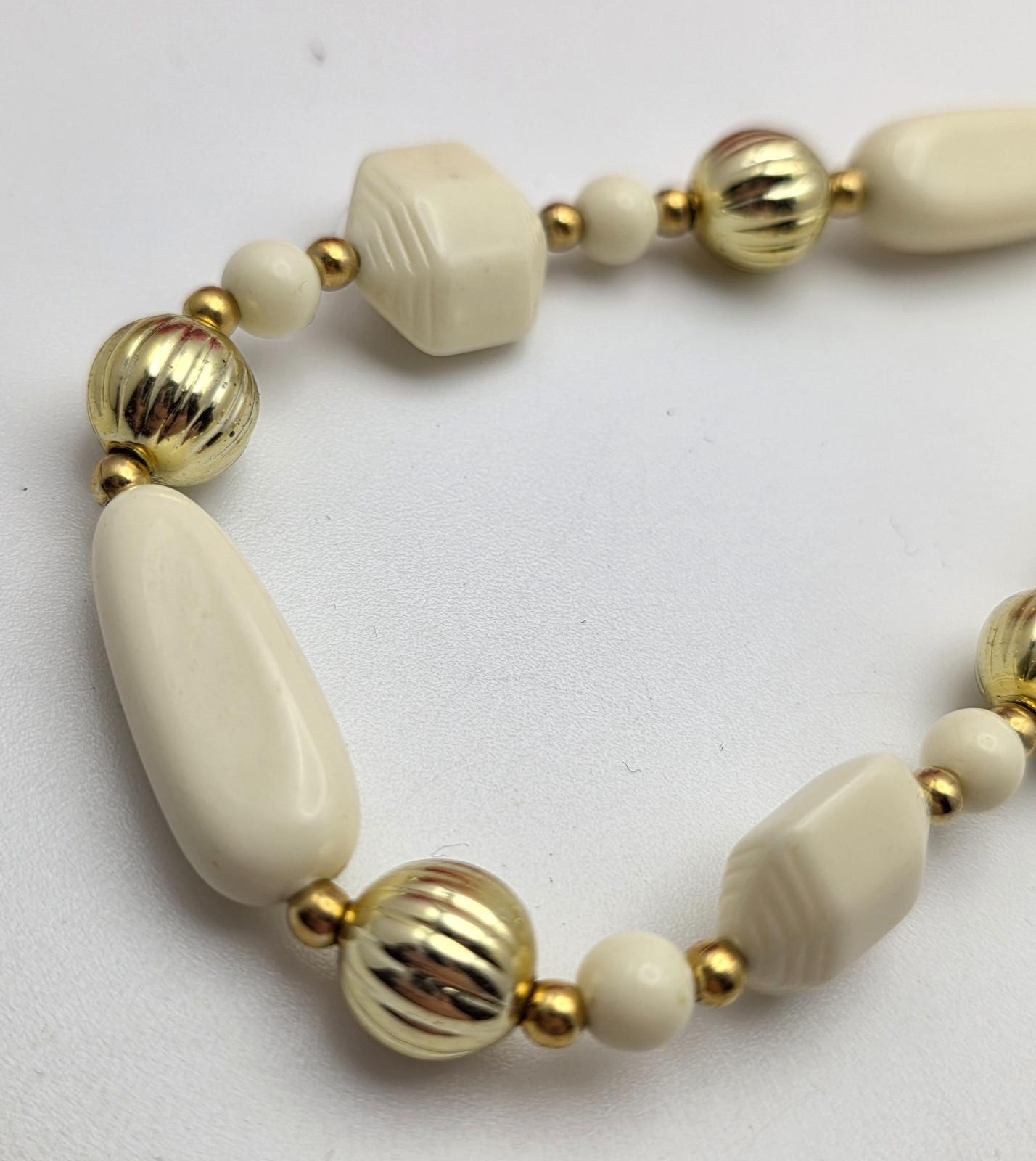 Vintage Lucite Necklace, Ivory Beads Gold Tone Accents, 36 In Mid Century
