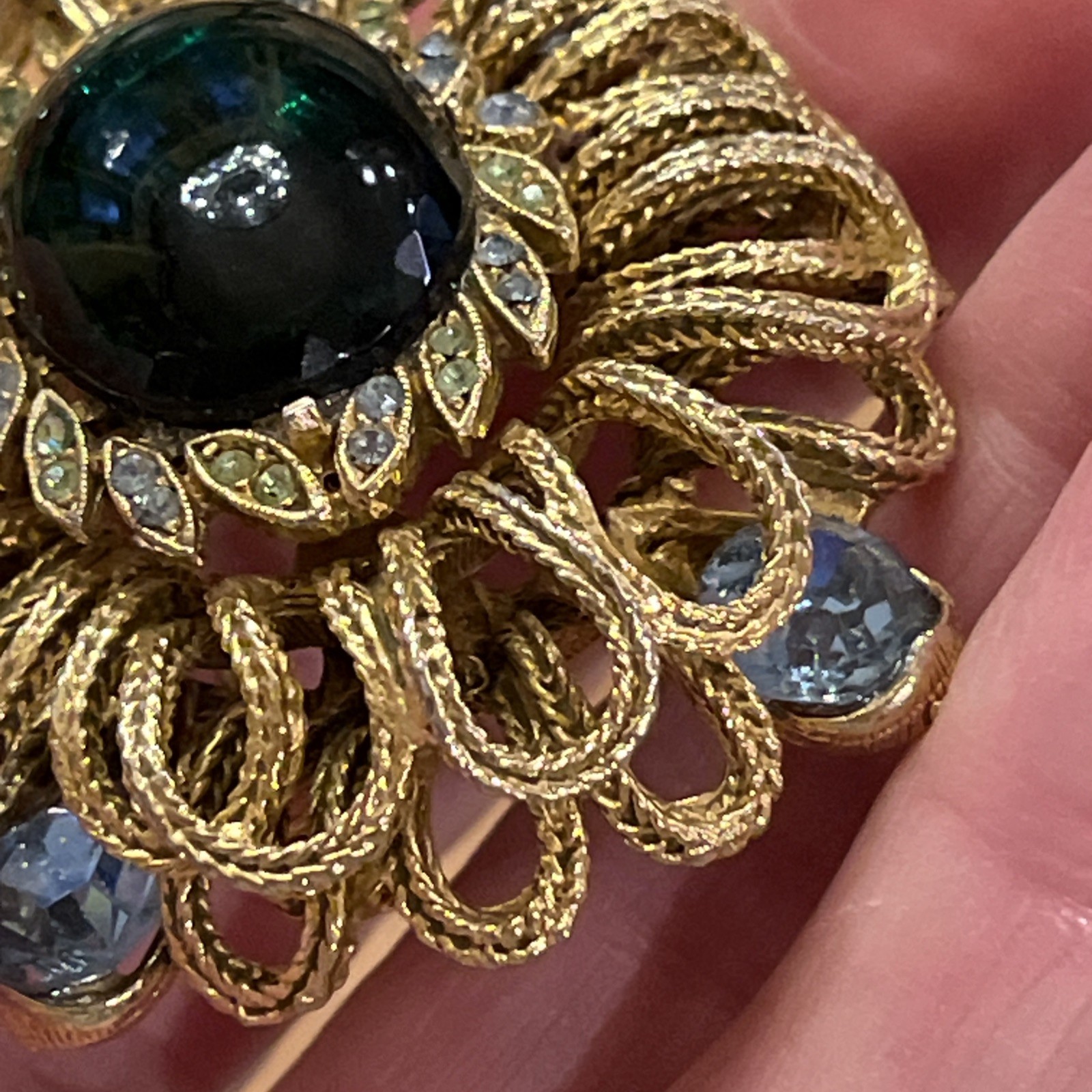 Vintage Capri Green Gripoix Glass Cabochon Blue Green Rhinestone Ornate Brooch