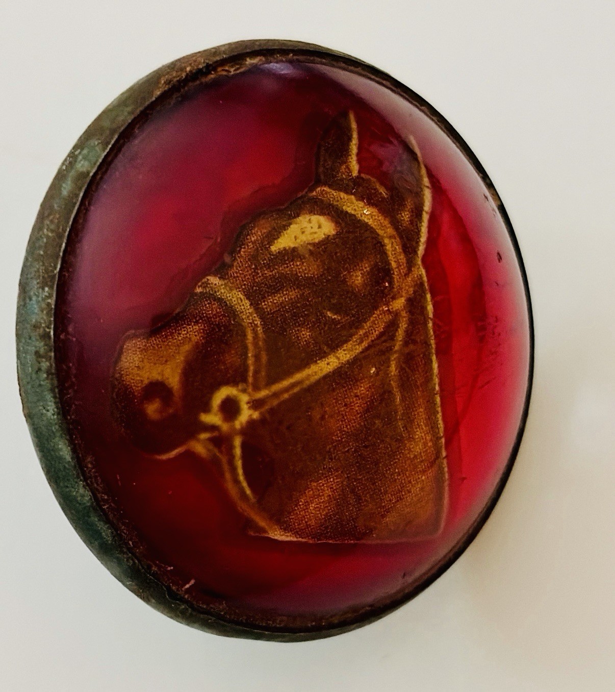 Equestrian Reverse Painted Glass Cabochon Brooch Pin Horse 2 Rosettes & 1 Pin