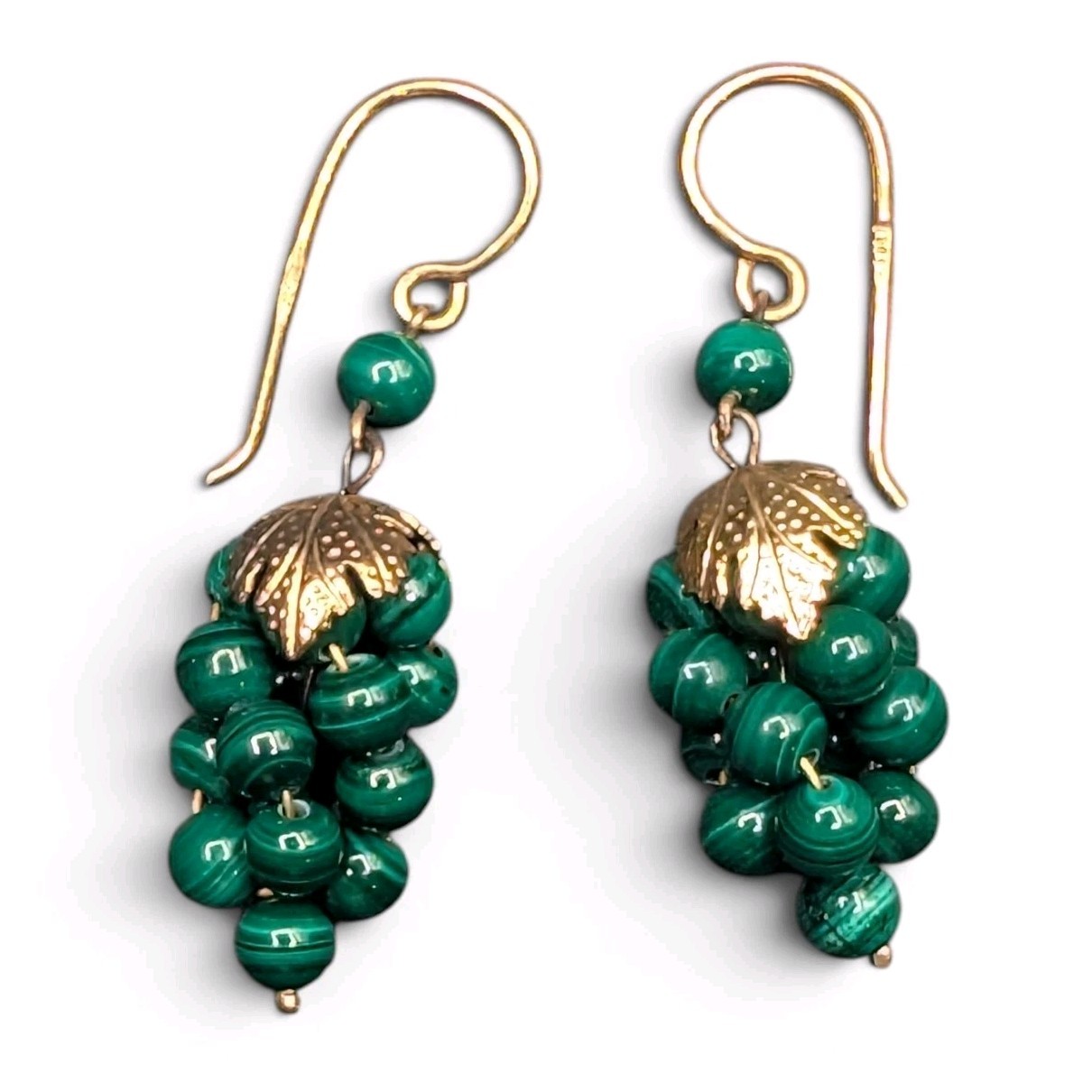 800 Silver Marked Gold Tone Malachite Round Beaded Cluster Grapes Earrings