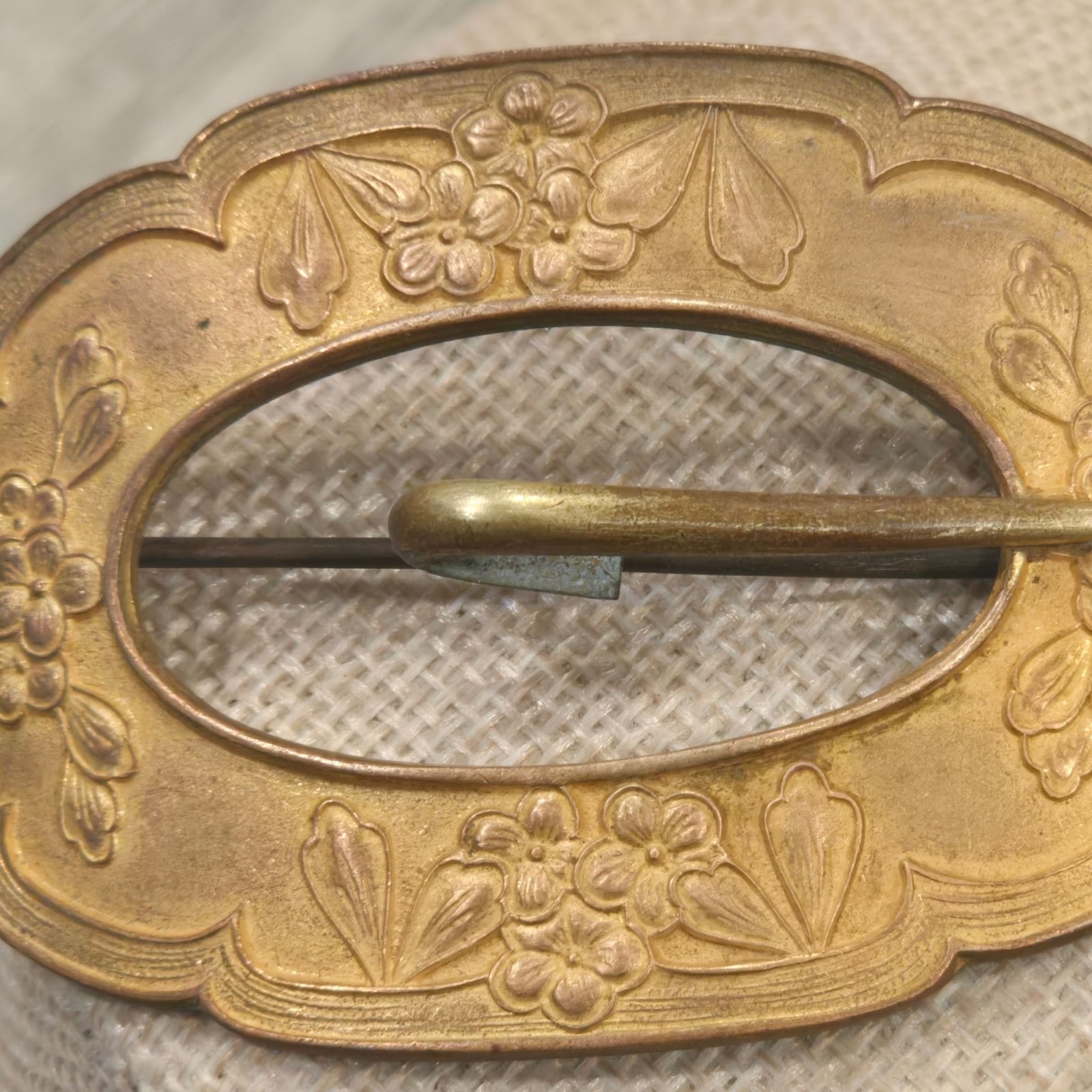 Antique Victorian Sash Pin Buckle Floral Brooch Gold Wash Brass Scarf Pin 1800s