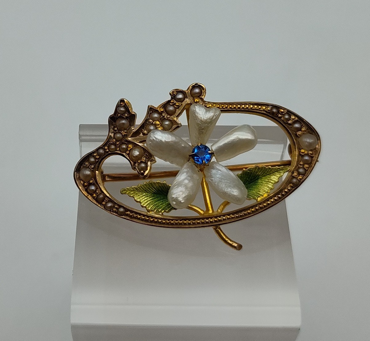 Antique Flower Pearl Blue Stone 10K Yellow Gold Green Enamel Brooch Pin Lapel