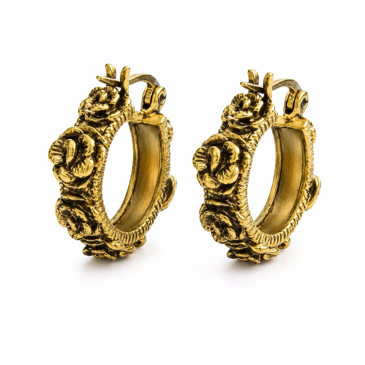 Vintage Gold Tone Floral Hoop Earrings Raised Rose Design Signed JZ China
