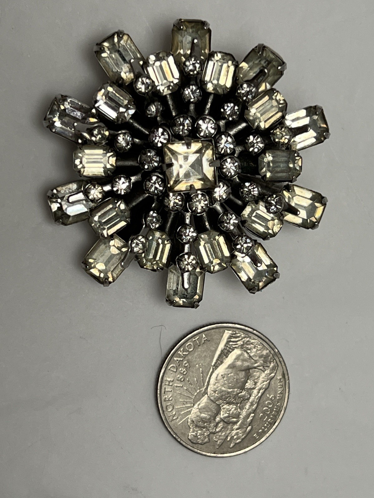 Vintage Clear Emerald Cut Rhinestone Brooch Silver Tone 2”